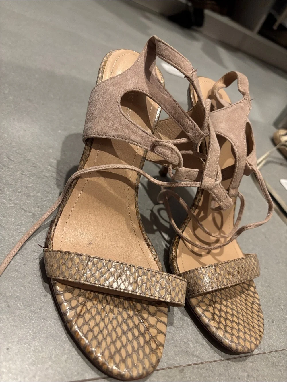 Pour La Victoire Taupe Suede Lace-Up Heels with Snake-Print Toe Strap